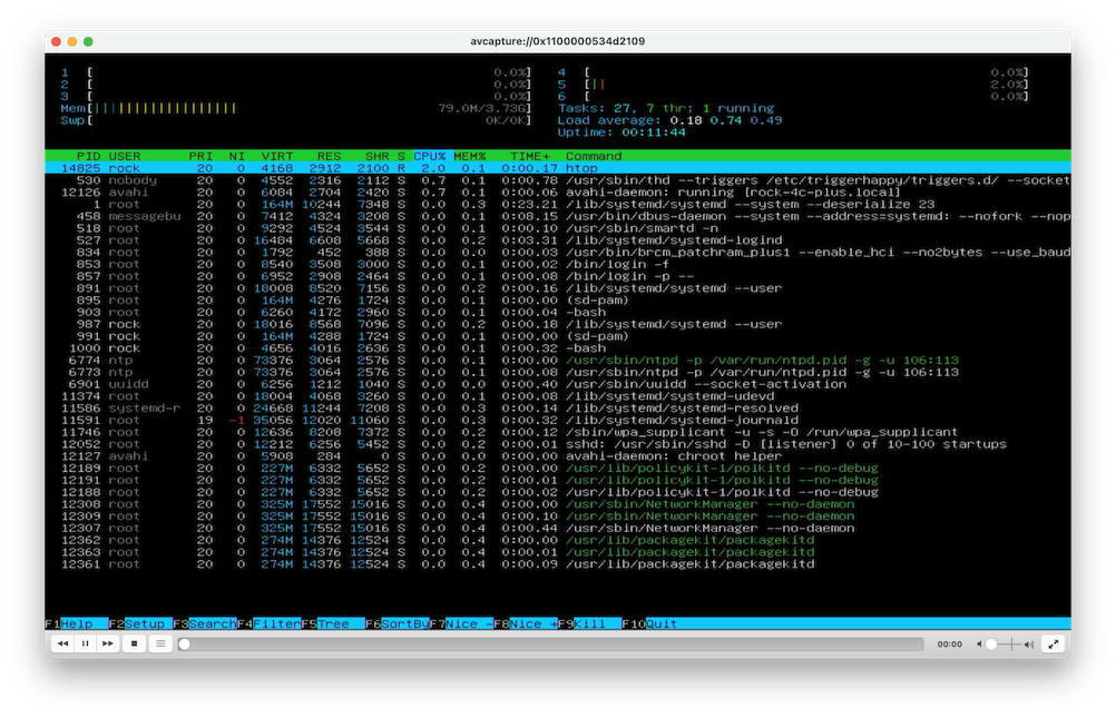 Screenshot of VLC window showing the video output from the Pi running htop