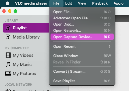 Screenshot of VLC showing the "File" -> "Open Capture Device" menu highlighted